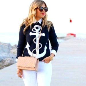Club Monaco Dark Navy Wool Sweater White Anchor Design Embroidered Rope …